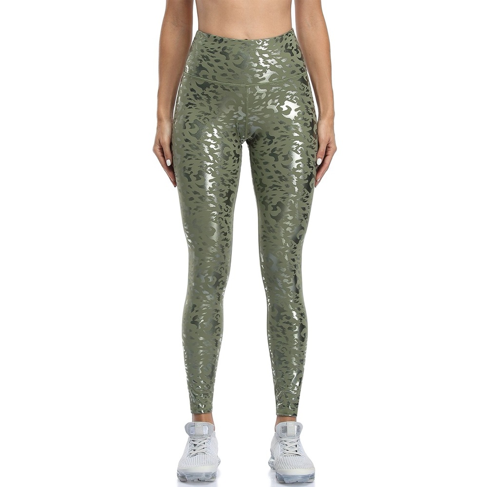 Ouyishang Faux Leather Leopard Print Leggings – Olive Green